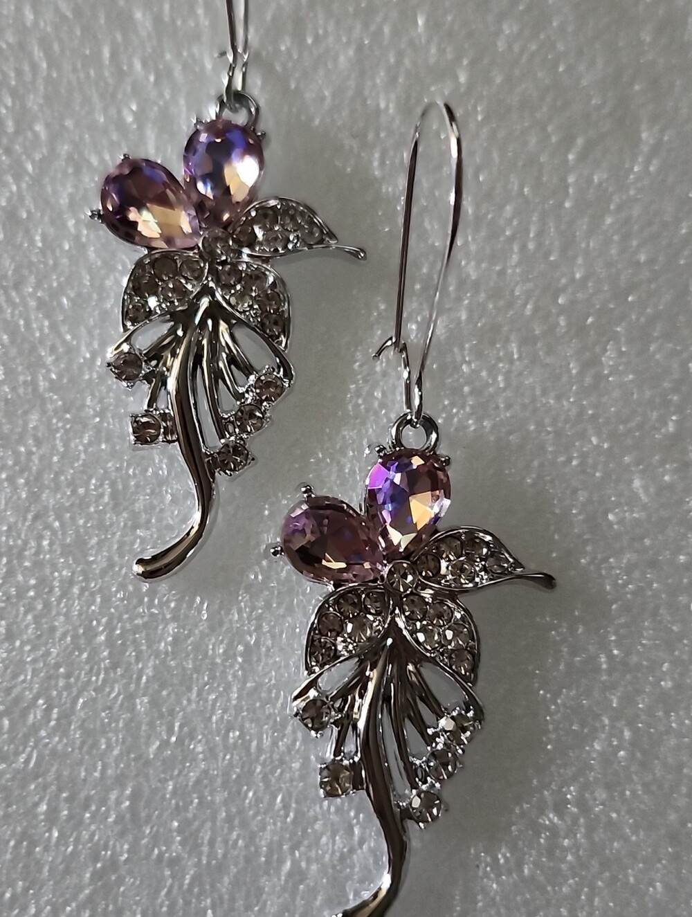 Hand Crafted Silver Floral Drop Earrings with Purple Crystals